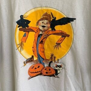 Vintage Halloween Tee Shirt Scarecrow Pumpkin Crow Black Cat 90s Graphic Size XL